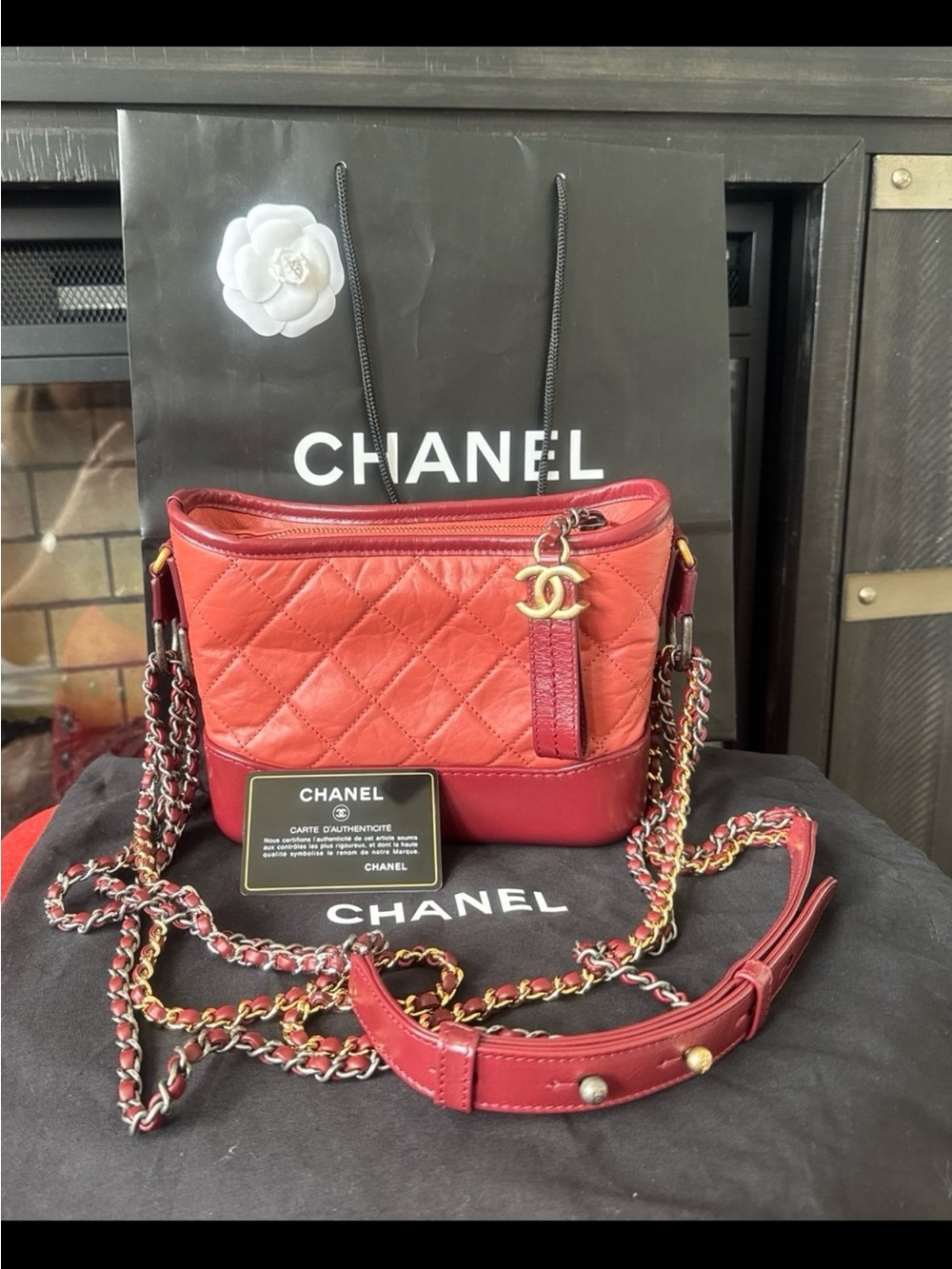 CHANEL Red Quilted Leather Crossbody with CC Charm and Chain Strap - Picture 11 of 13
